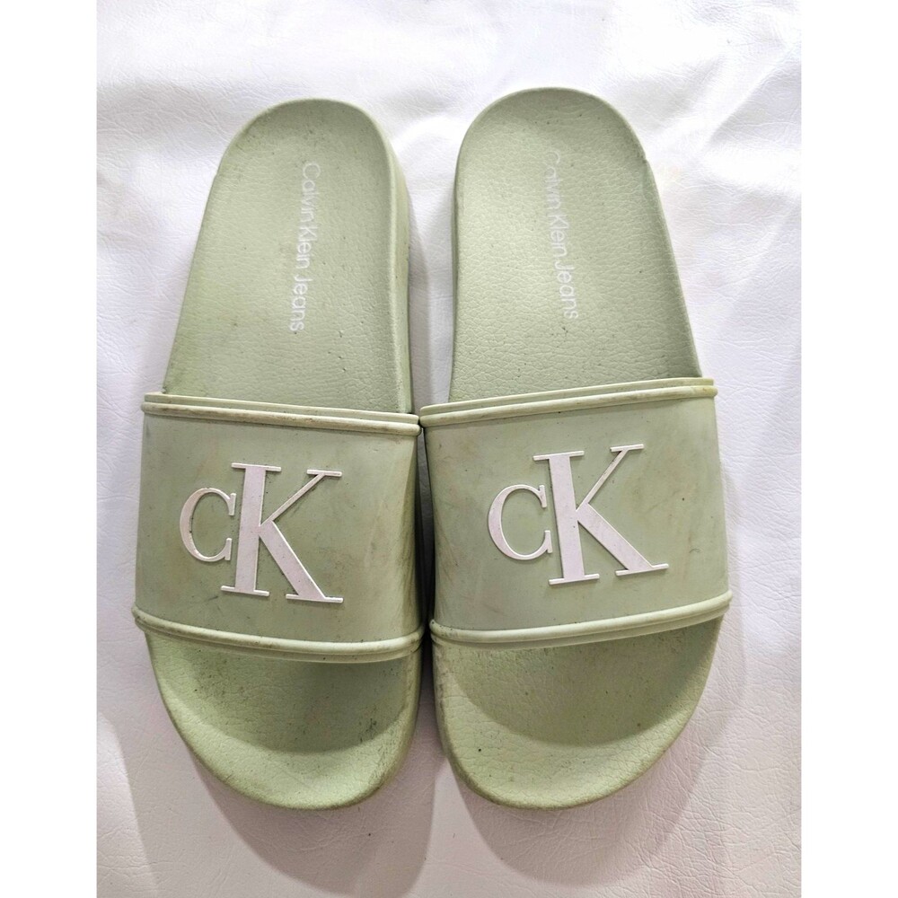 Calvin Klein Jeans CK Logo Green Slide Sandals unisex US 10 M Slip-On